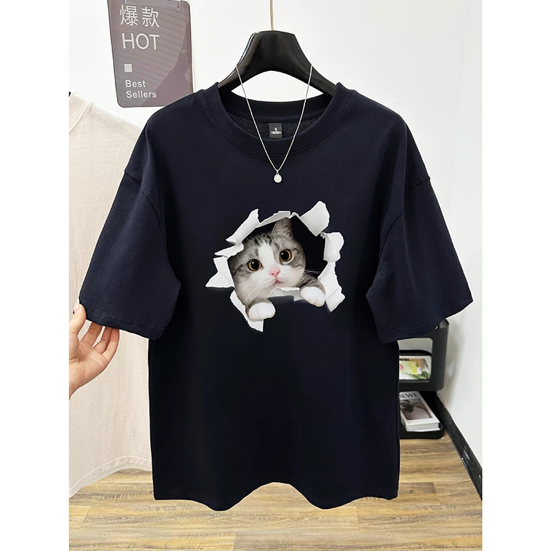 纯棉猫咪印花百搭圆领短袖T恤女装春夏季新款韩版时尚体恤衫上衣