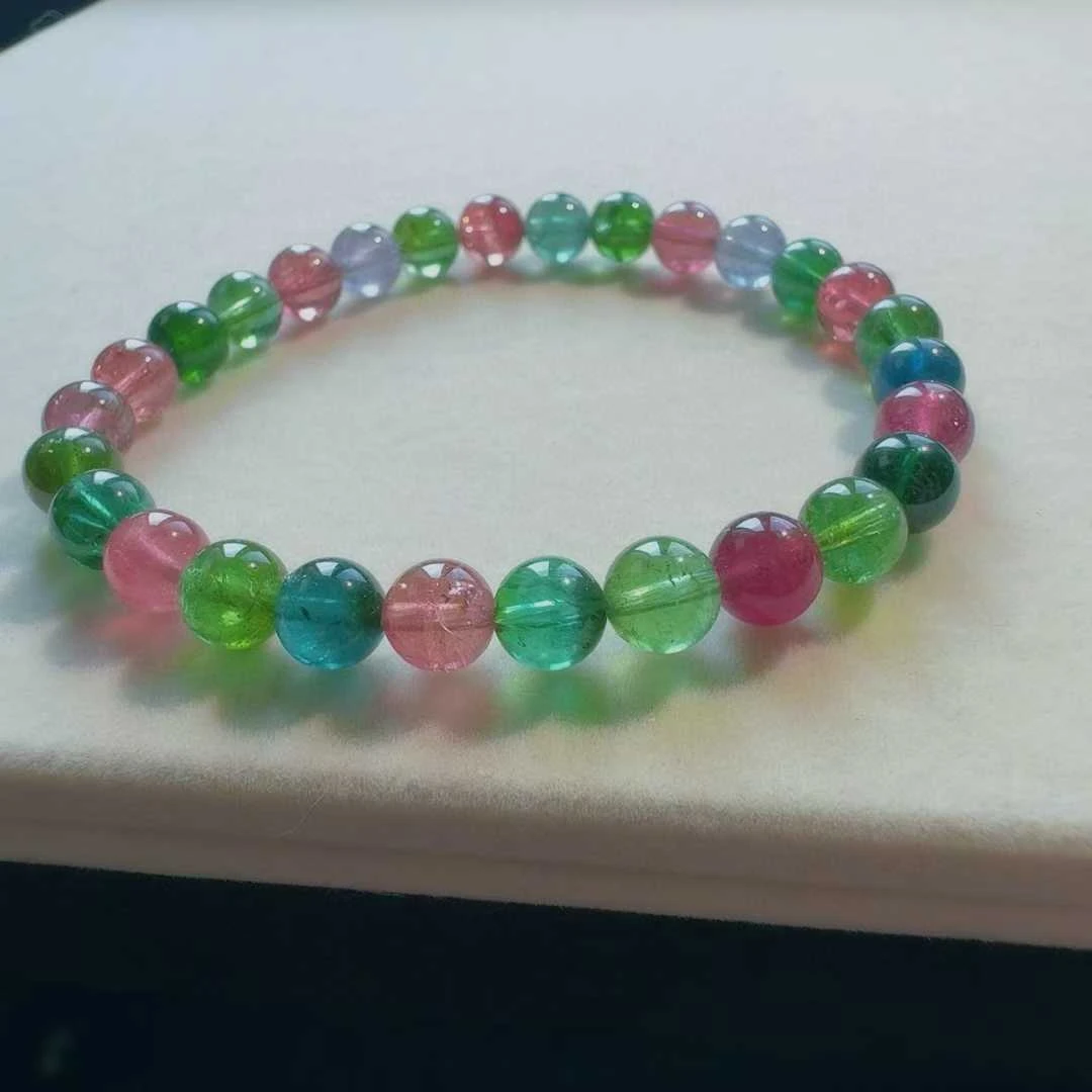 天然真品全彩碧玺手串单圈6.4mm12.5g正品圆珠碧玺简约手链女旺夫
