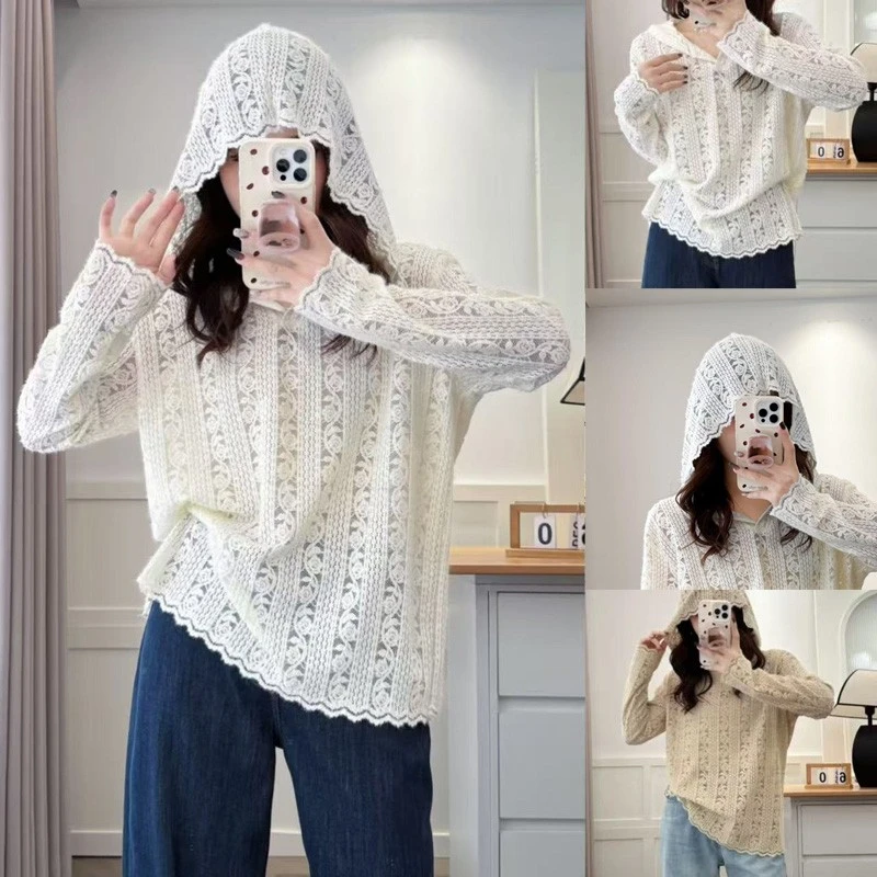 季念微胖大码女装秋季新款洋气质钩花蕾丝连帽衫套头打底衫长袖潮