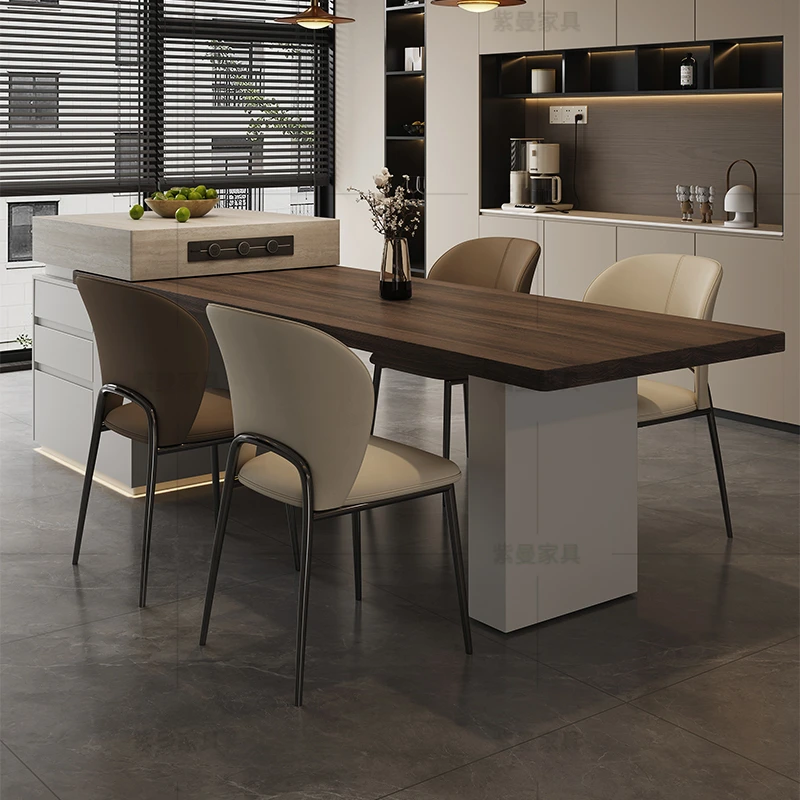 电动伸缩岛帽全岩板岛台餐桌一体意式极简木纹多功能储物收纳家用