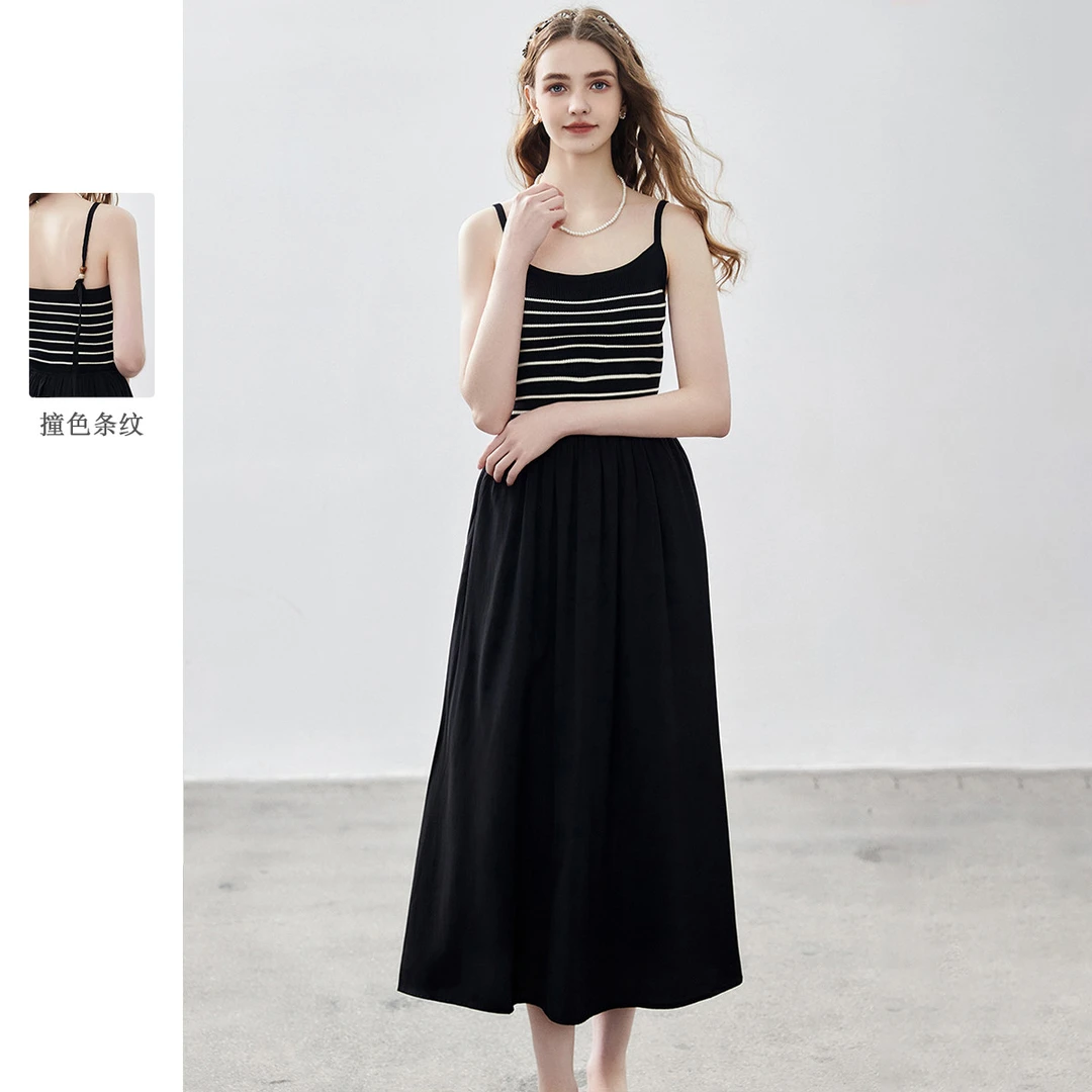 【粉丝专享】20夏款撞色条纹高腰吊带长裙休闲气质小众连衣裙女