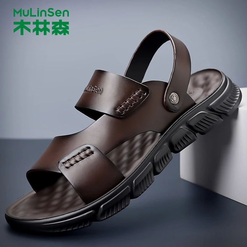 木林森凉鞋男士夏季新款潮流透气真皮沙滩鞋男款软底外穿防滑凉拖