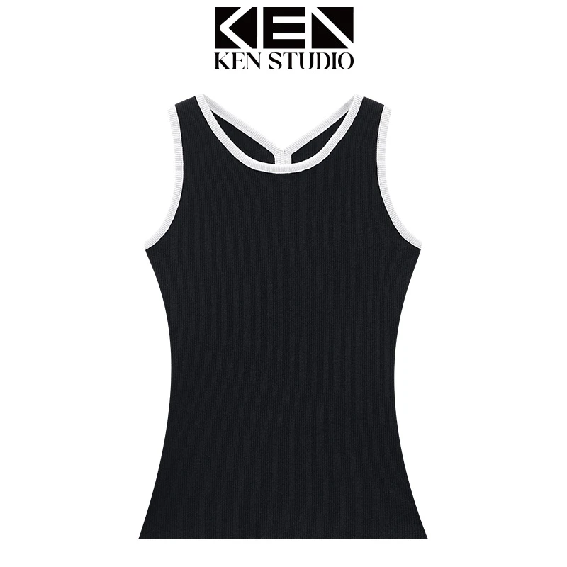 KEN STUDIO夏季新款撞色露背吊带背心女圆领修身显瘦内搭短款上衣
