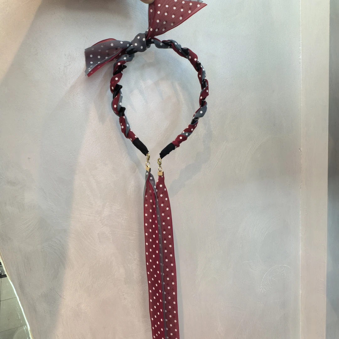 A173红蓝色波点纱纱蝴蝶结飘带发箍
