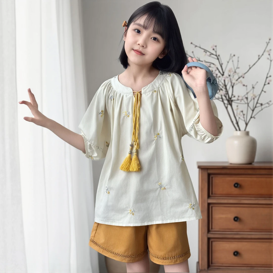 中国风女中大童时尚美女童套装绣花洋气时髦碎花短裤套装