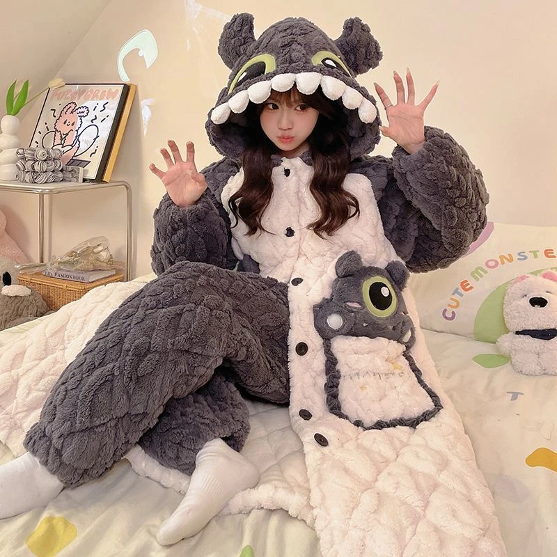 2024年睡袍女生秋冬新款三层夹棉加厚加绒休闲大码睡衣家居服保暖