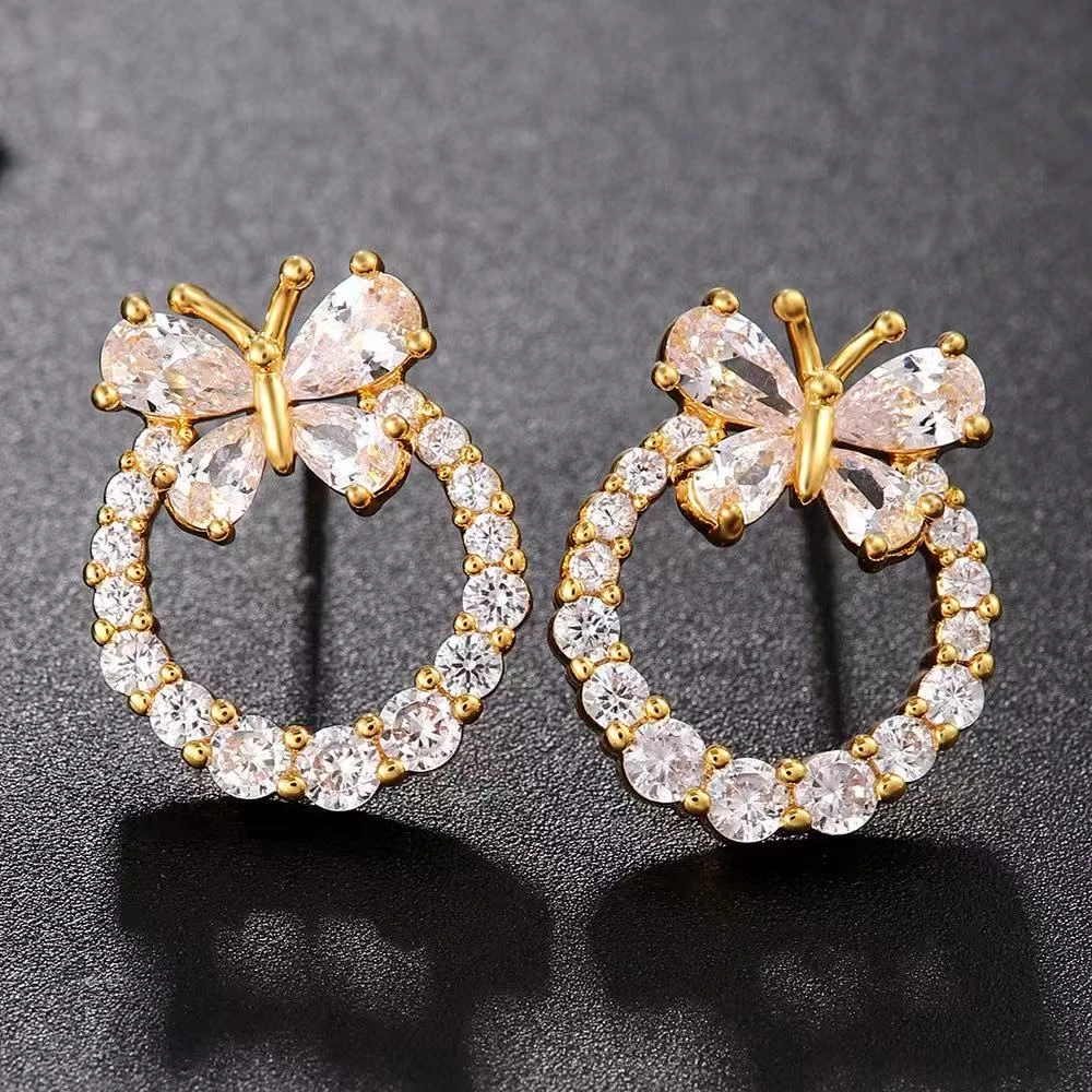 铜合金锆石耳饰 欧美ins风时尚蝴蝶结镶锆镂空圆形耳钉