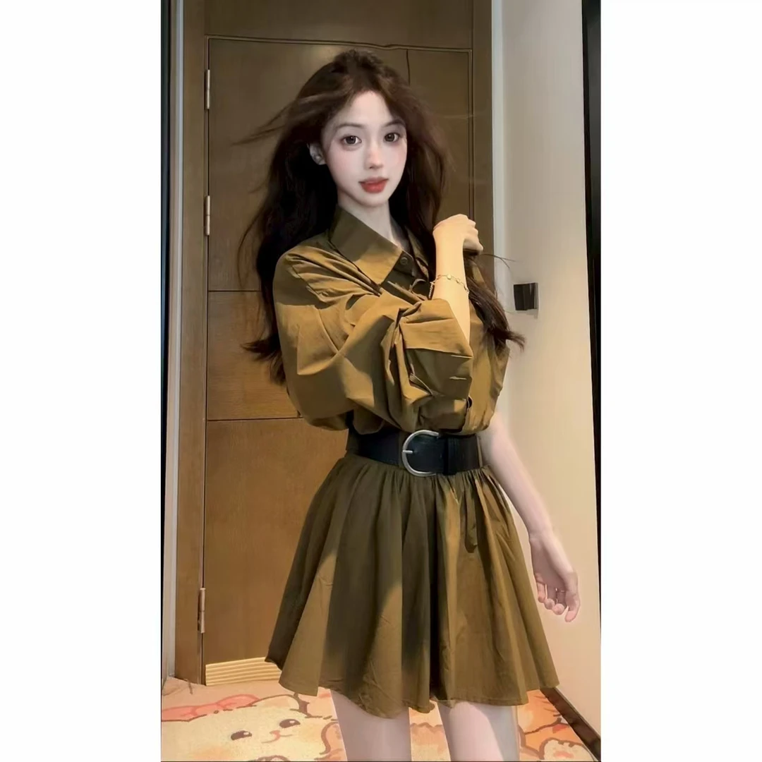 【XIAOBAWANG】法式高级感复古polo领衬衫连衣裙女长袖收腰短裙M