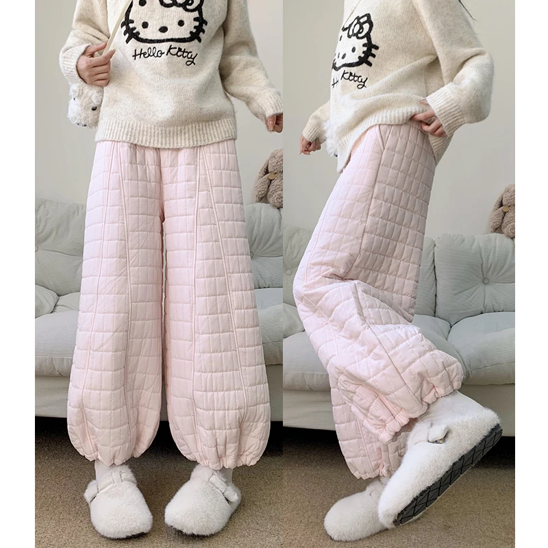 粉色加绒东北宽松格子裤女冬季高品质加厚保暖防寒防风束脚灯笼裤