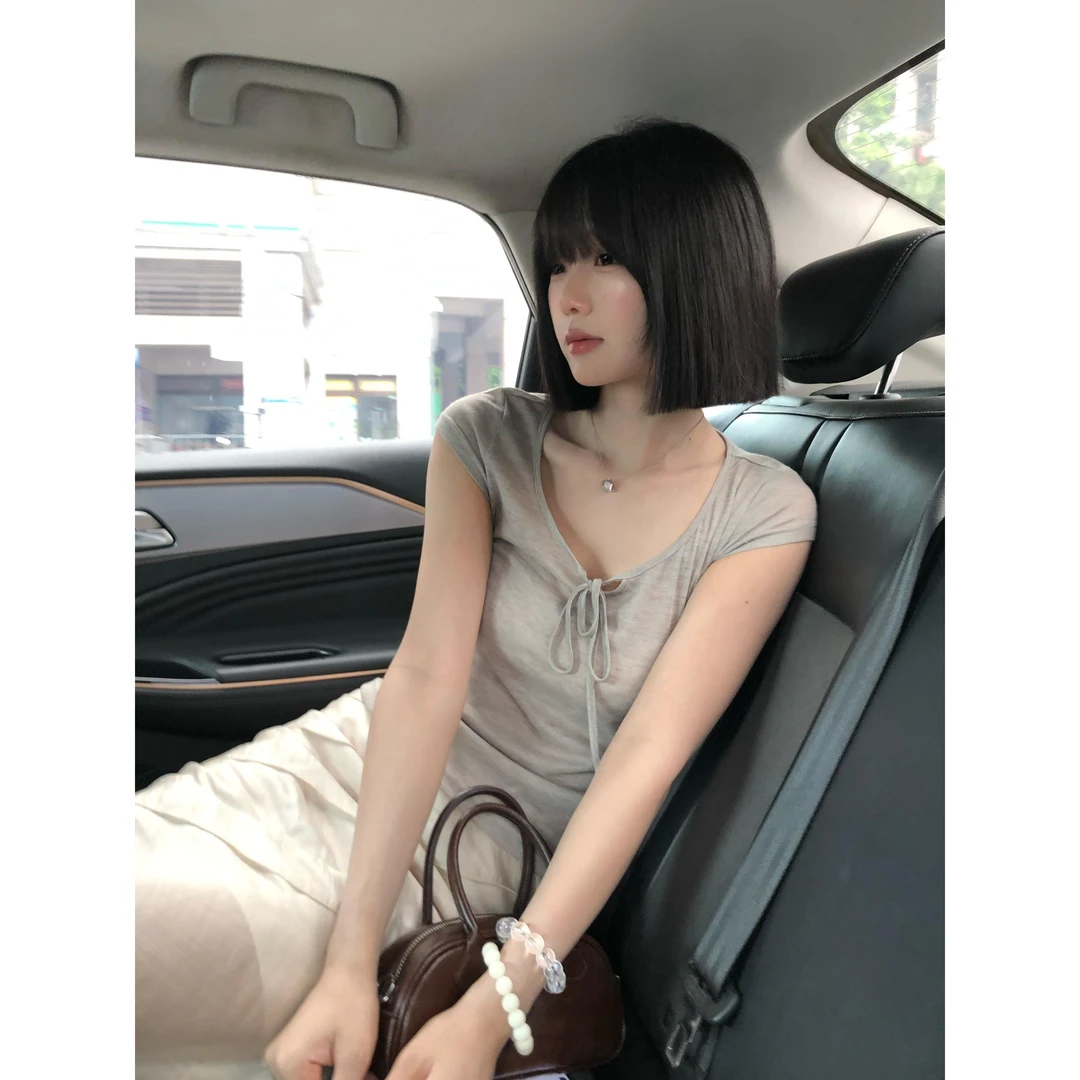 韩系纯欲风系带u领正肩短袖t恤女夏季收腰修身薄款微透打底衫上衣