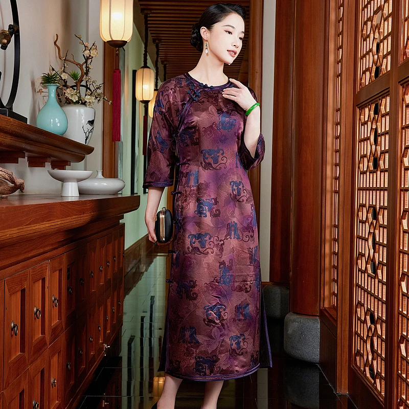 【暮嫣香落】100%桑蚕丝重缎香云纱40姆改良袍子玫紫国风旗袍W25192