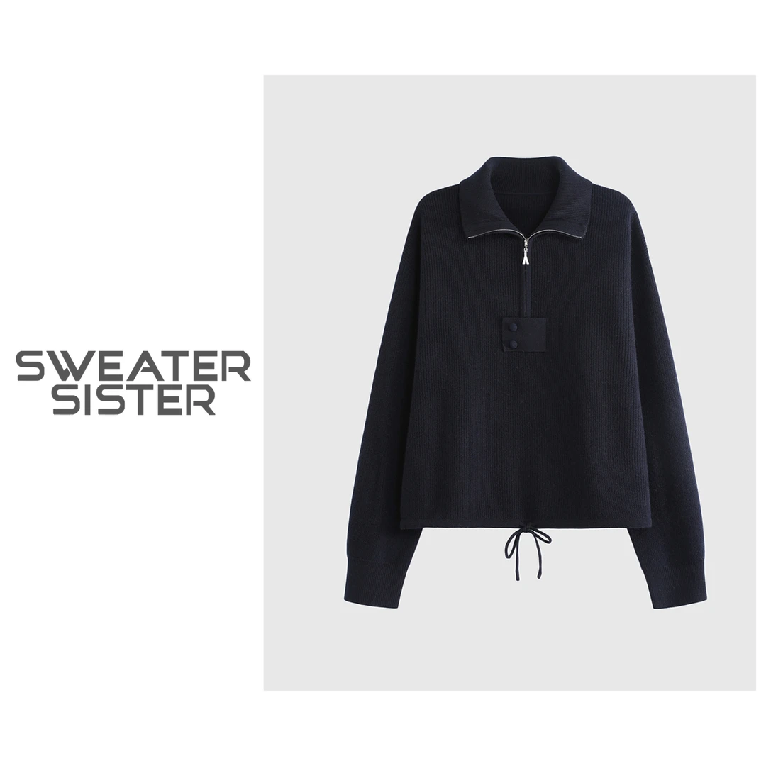 新款立领半拉链羊毛针织衫下摆抽绳慵懒风毛衣女066-1021