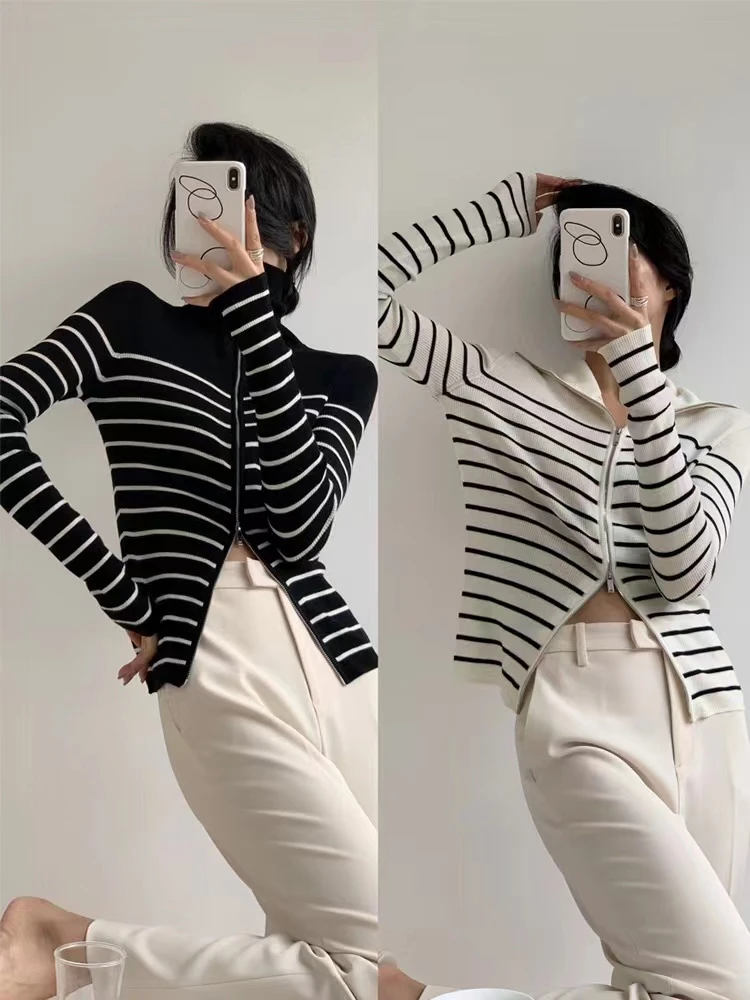 [时尚款]精纺细羊毛修身弹力条纹翻领双拉链开衫气质百搭薄外搭