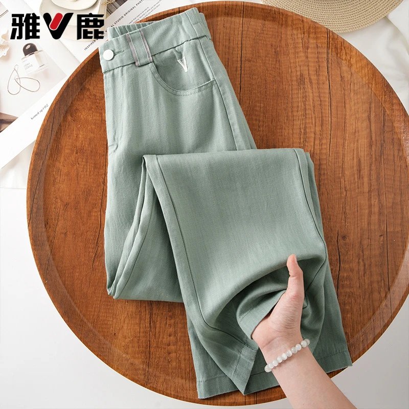 V/雅鹿天丝亚麻阔腿裤女夏季薄款2025新款休闲抗皱垂感窄版直筒裤