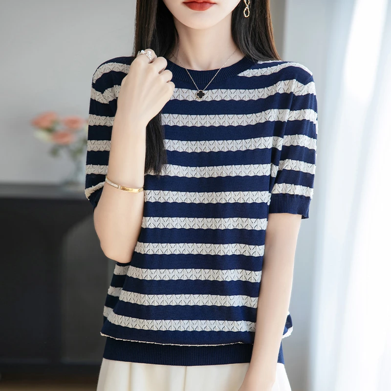 薄款镂空大码条纹针织衫女宽松显瘦上衣洋气百搭夏季圆领短袖T恤