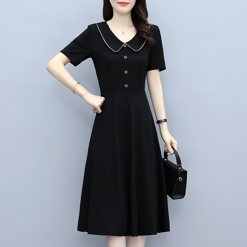 2025夏季新款大码女装胖mm时尚洋气黑色修身显瘦短袖连衣裙阔太太