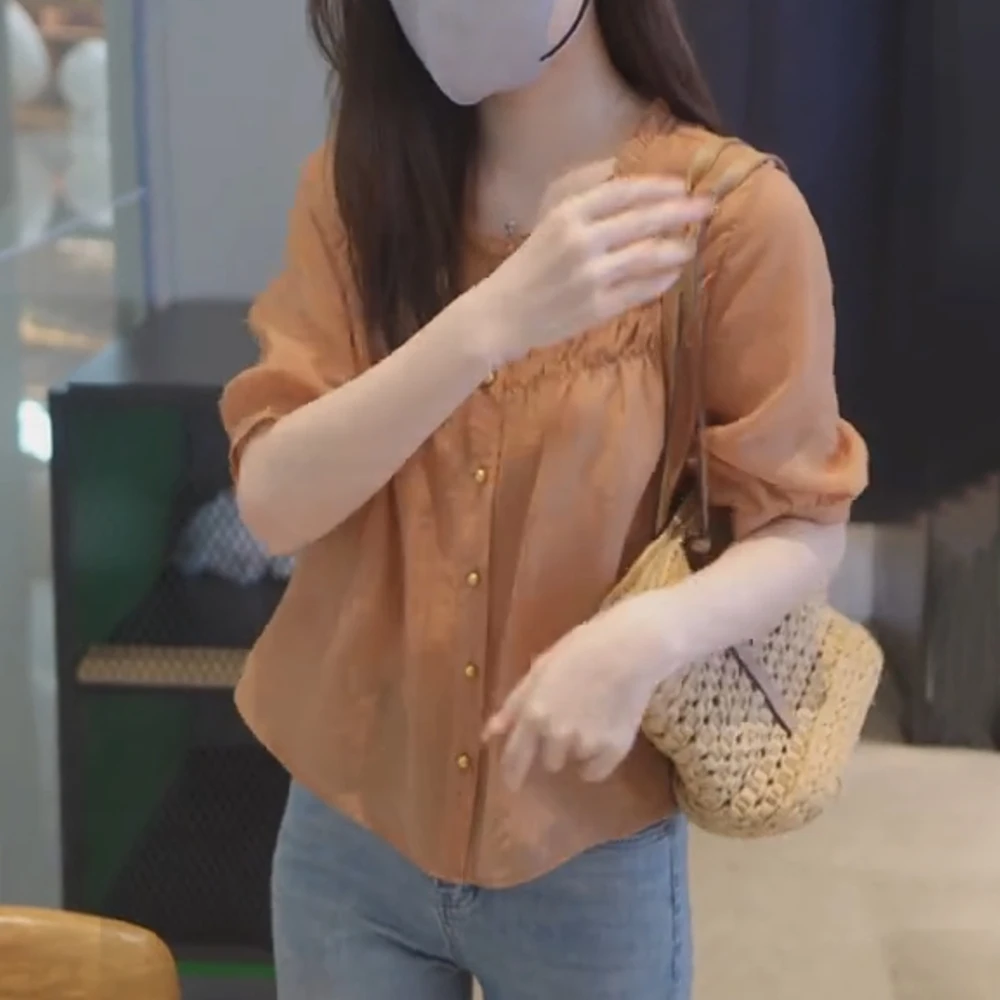 女士短袖木耳边雪纺衬衫夏季2025新款减龄洋气领别致漂亮小衫上衣