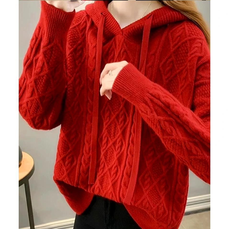 秋冬装新款大码女装克莱因蓝麻花毛衣韩版连帽宽松外穿加厚针织衫