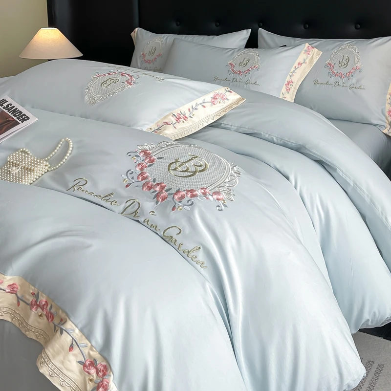 全棉刺绣纯色四件套绣花礼盒高级感轻奢简约【床单款】【床盖款】床品