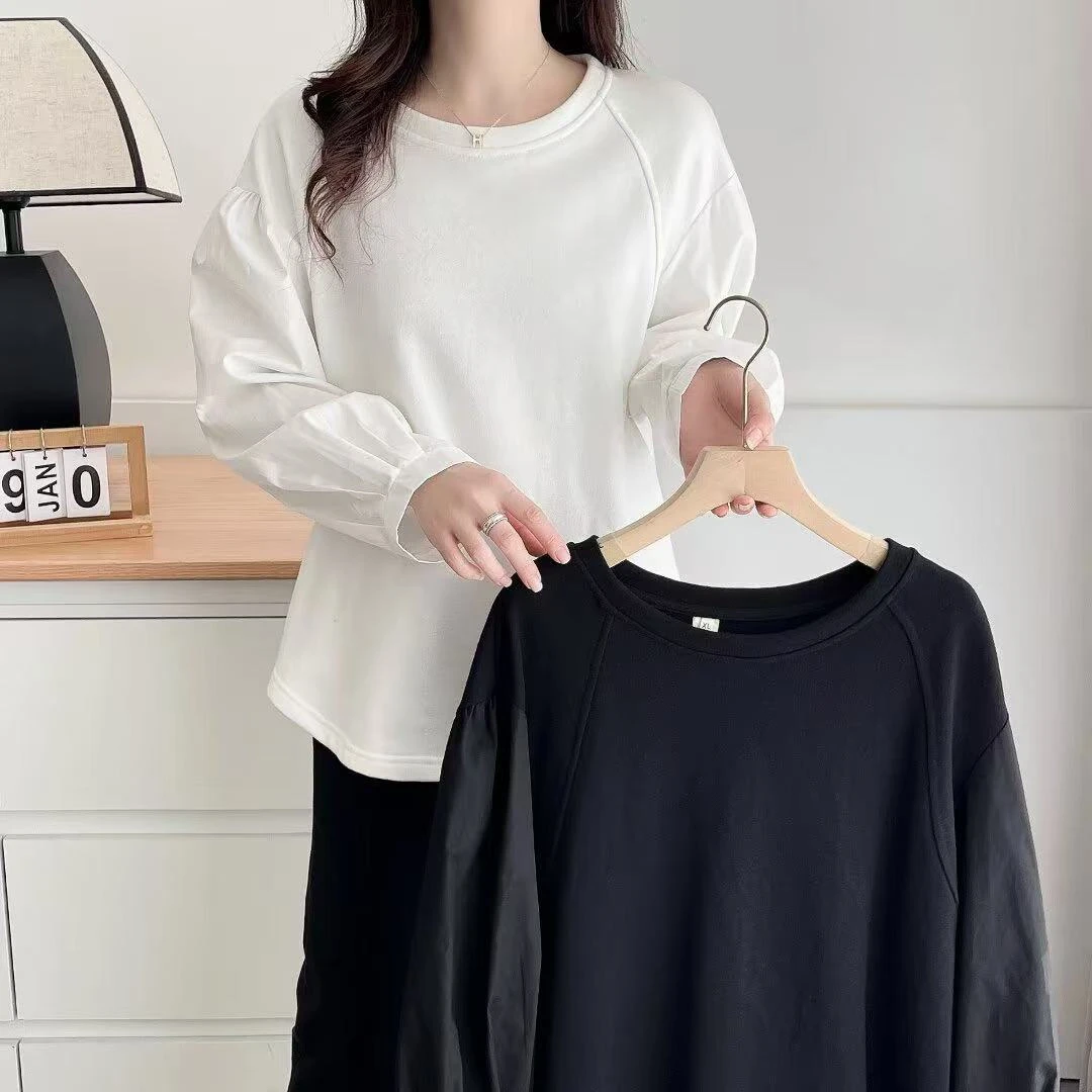 悦悦大码女装早春新款简约拼接褶皱衬衫袖长袖正肩打底衫