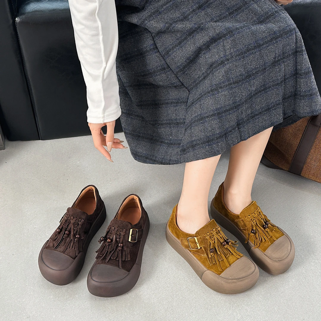 厚底流苏单鞋女2025秋季新款复古真皮擦色时尚百搭休闲平底单鞋