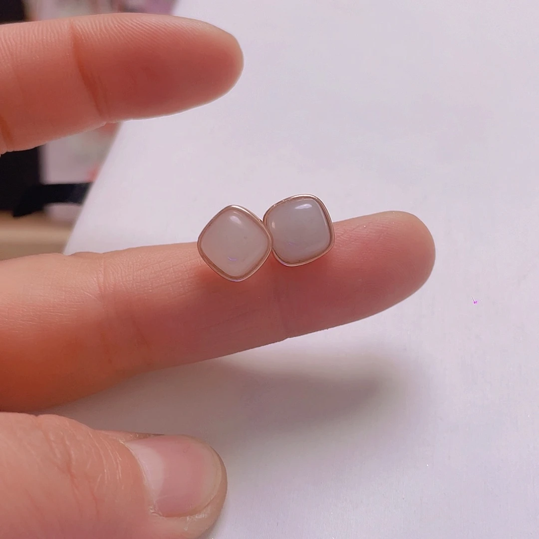 和田玉耳饰银S925镀金镶嵌