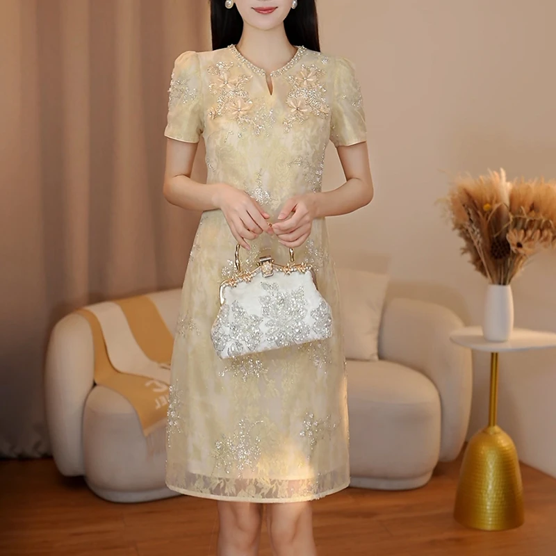 法式重工刺绣钉珠华丽蕾丝连衣裙遮肉显瘦高端礼服夏160065
