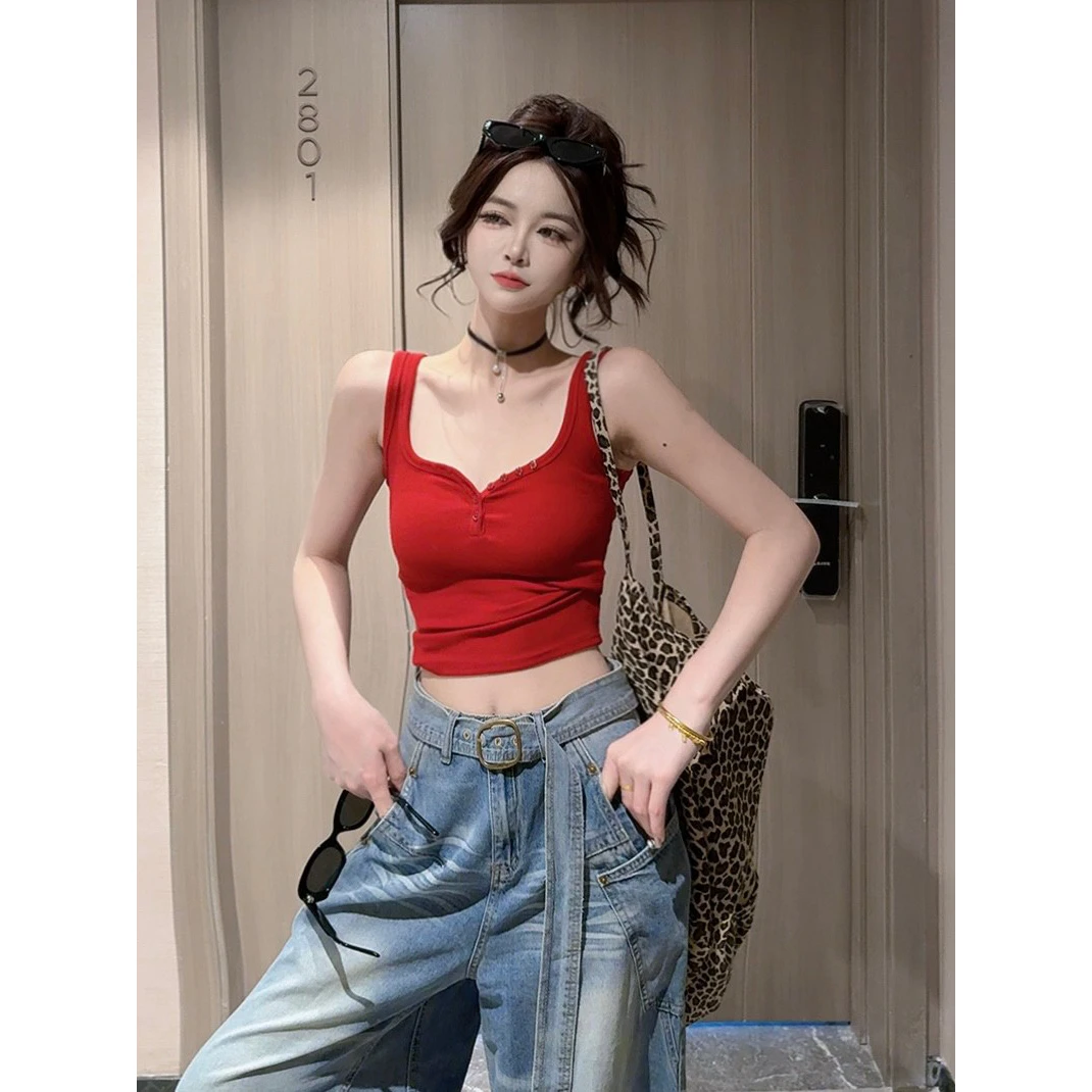 纯欲风辣妹短款T恤上衣打底红色V领外穿无袖美背性感吊带背心女