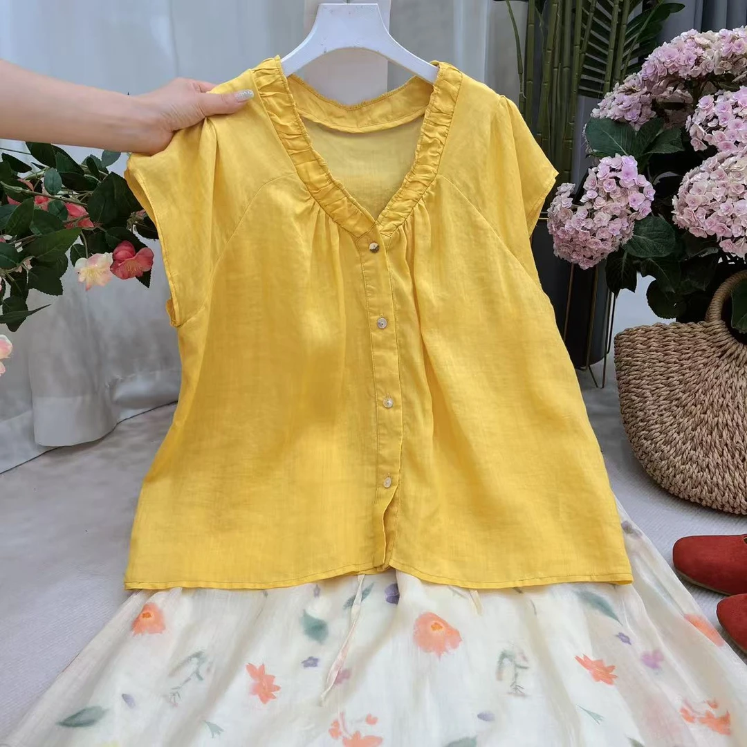 夏季新款韩版休闲文艺风V领苎麻小衫女士背心款上衣纯色黄色