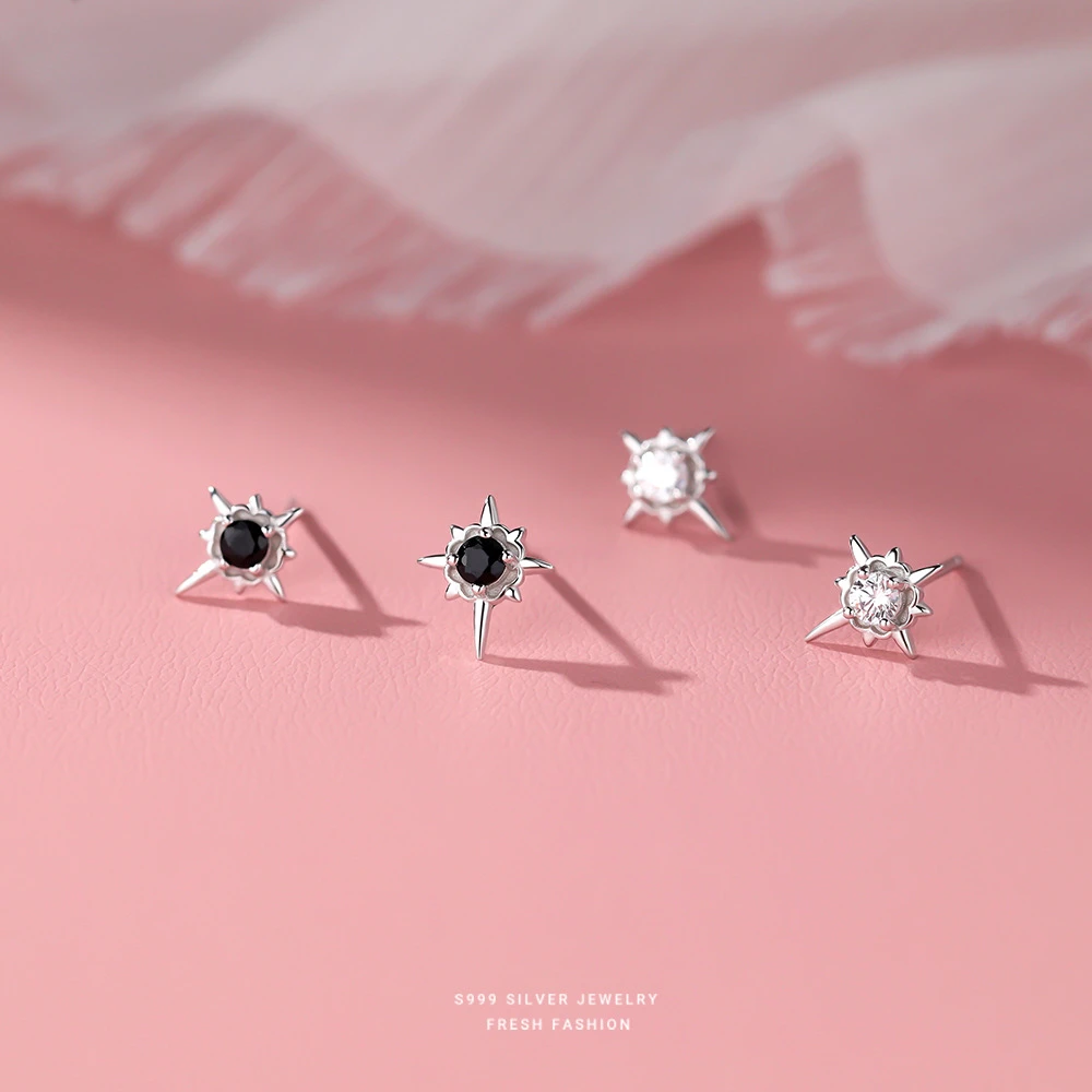 s999足银八芒星耳钉女时尚轻奢星星耳饰小众黑与白镶嵌锆石养耳洞