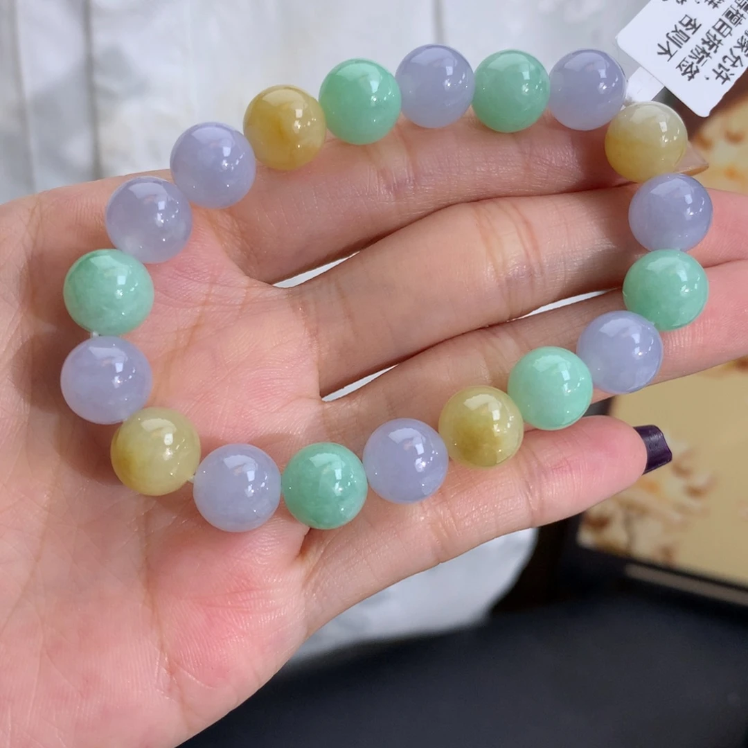 翡翠未镶嵌手串卡9.9细润紫绿黄手串