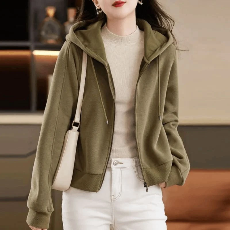 秋季新款女开衫卫衣拼接圆领九分袖宽松气质外套中长款纯色休闲