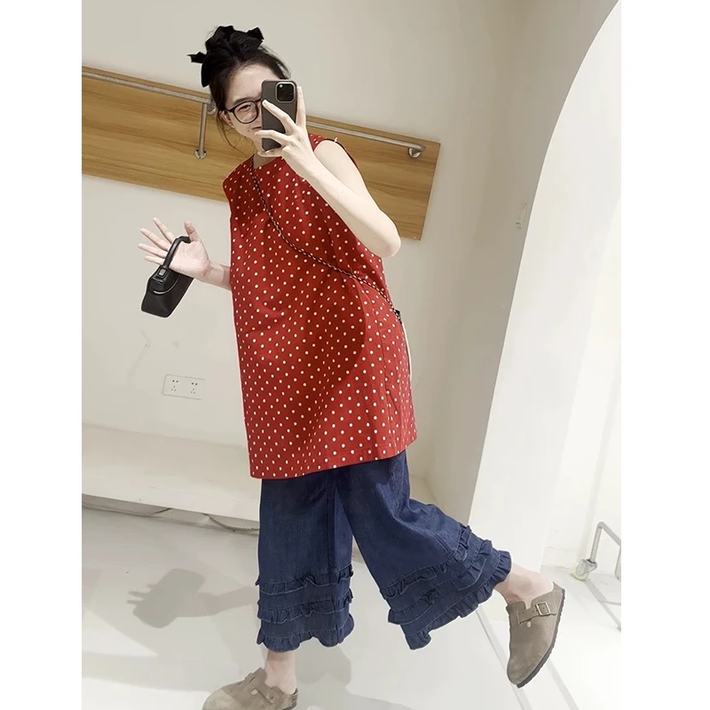 韩系田园风2025夏季红色波点可露丽风砍袖连衣裙木耳边阔腿裤套装