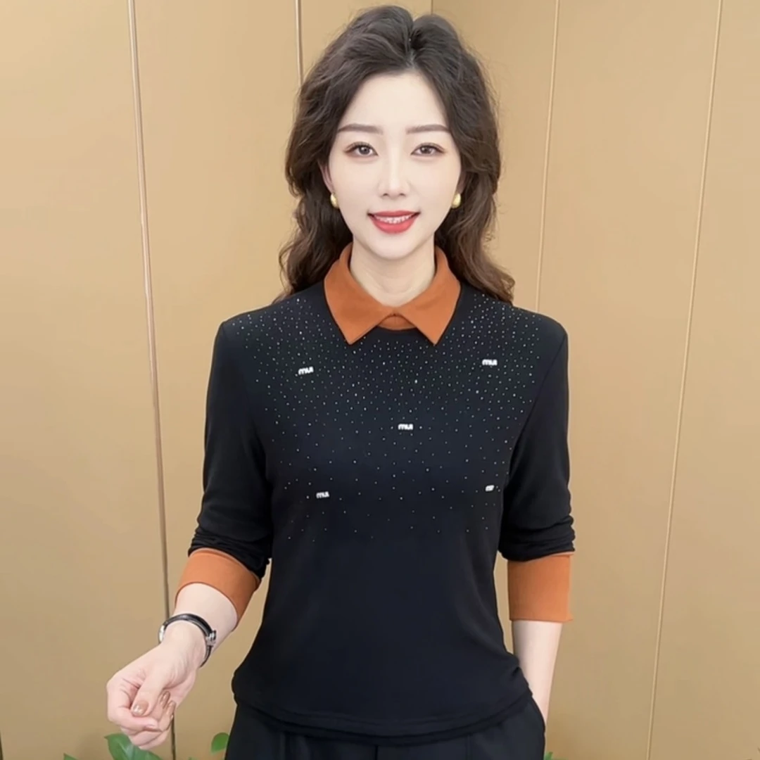 秋冬新款撞色翻领假两件拼接设计感双面绒打底洋气妈妈装K1101