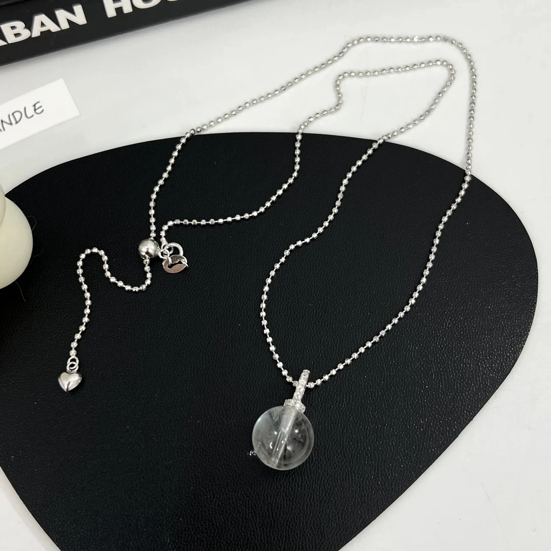 链子925银 复古简约小众白水水锆锆吊坠抽拉米珠银项链51cm