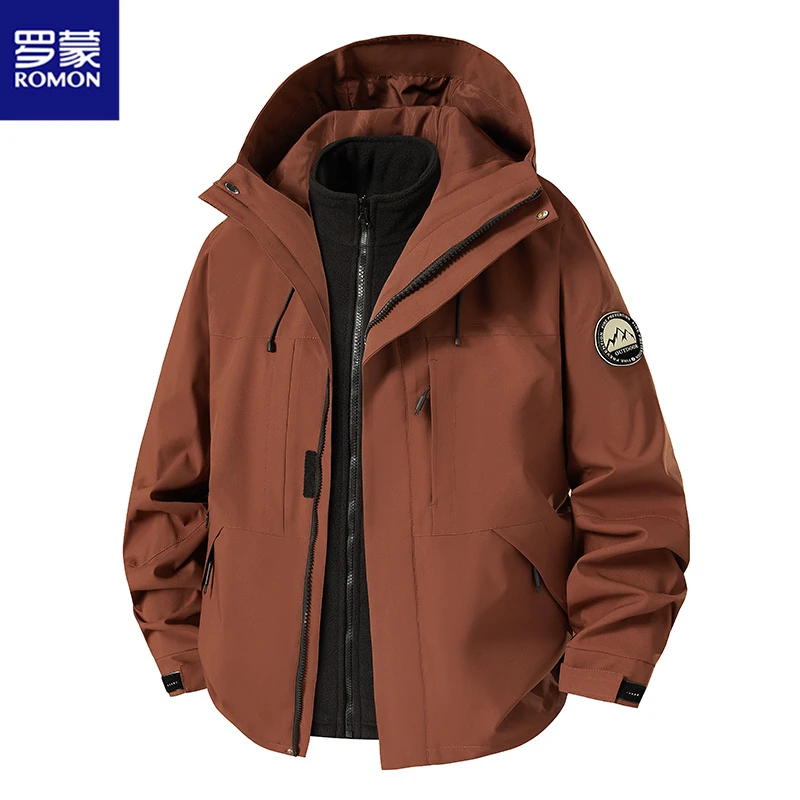 Romon/罗蒙夹克男款新款春秋三合一户外防风连帽休闲时尚外套男女