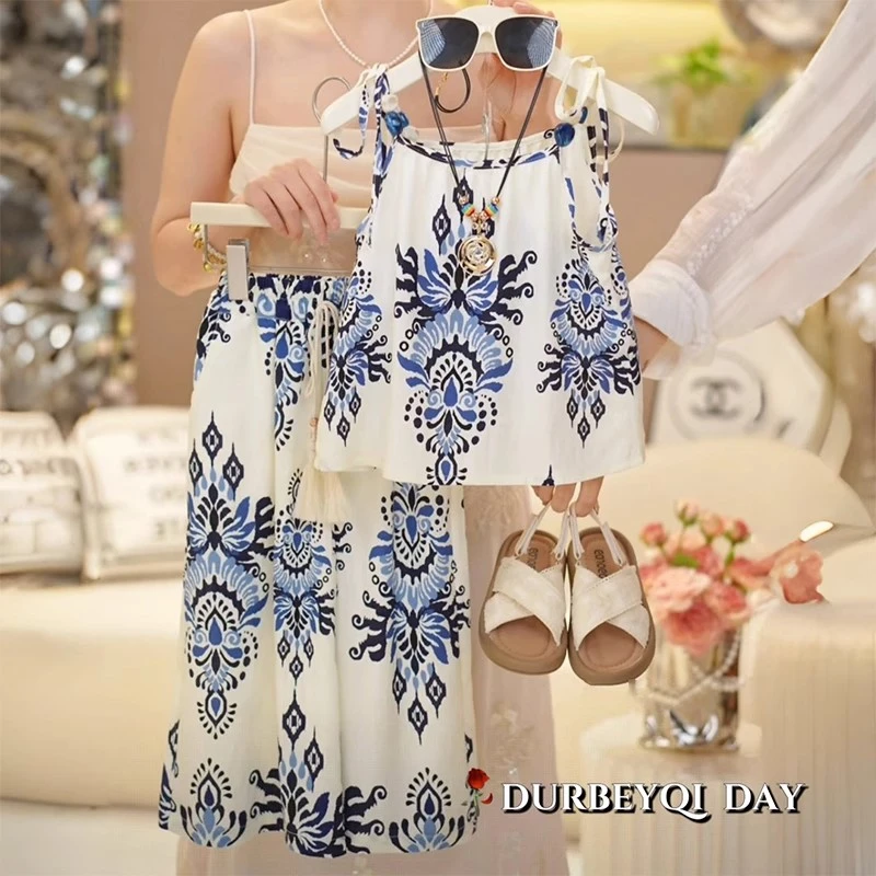 女童吊带背心套装夏季2025新款儿童民族风夏装中大童阔腿裤两件套