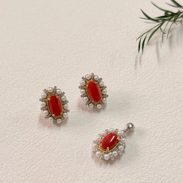 【六六中古】孤品精美珊瑚s925吊坠耳钉套装at811