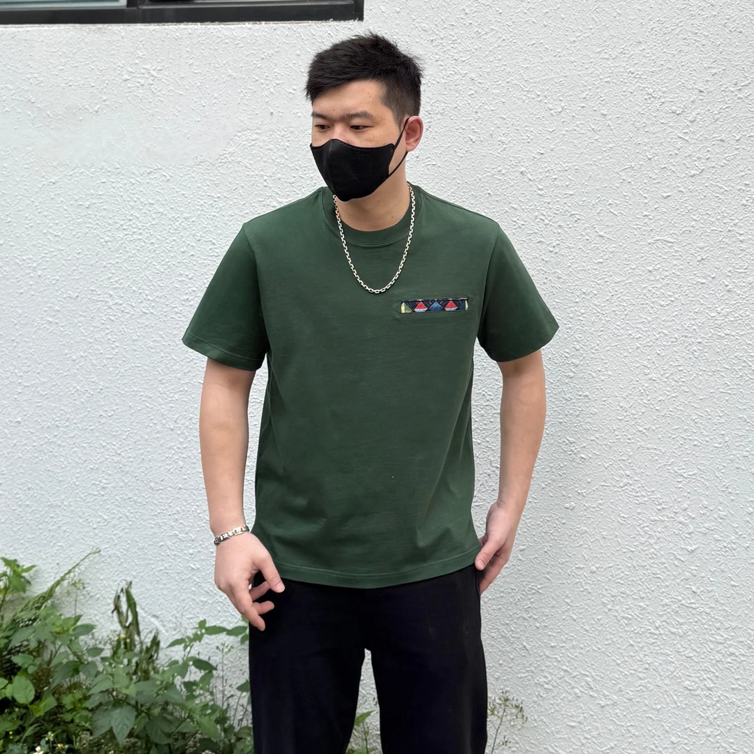 深绿色t恤男夏季男士纯棉设计口袋装饰男士短袖圆领上衣半袖男T