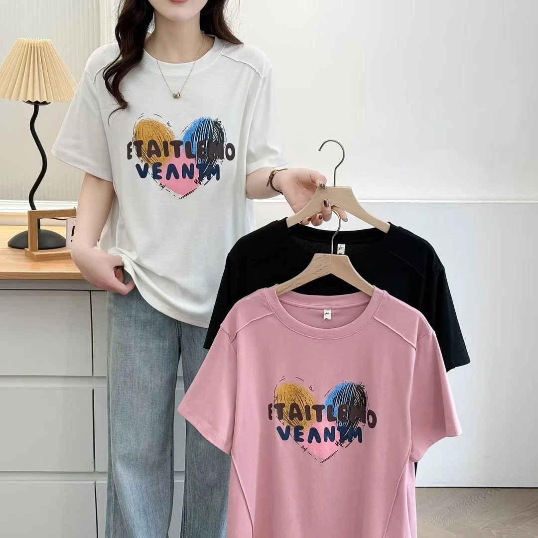 大码胖mm韩版显瘦正肩爱心印花短袖T恤夏季新款宽松藏肉休闲上衣