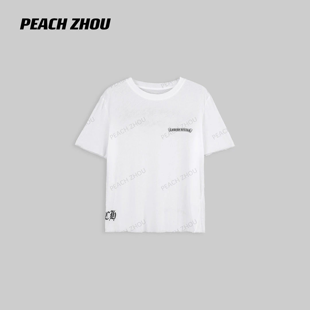 『PEACHZHOU』卷轴梵文撞色印花散边宽松圆领短袖美式高街休闲T恤女