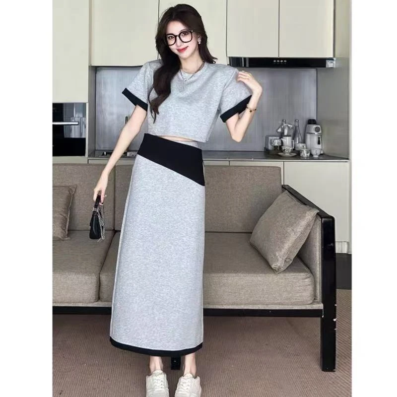韩风一整套减龄休闲露腰t恤上衣女夏季套装半身裙长裙两件套136