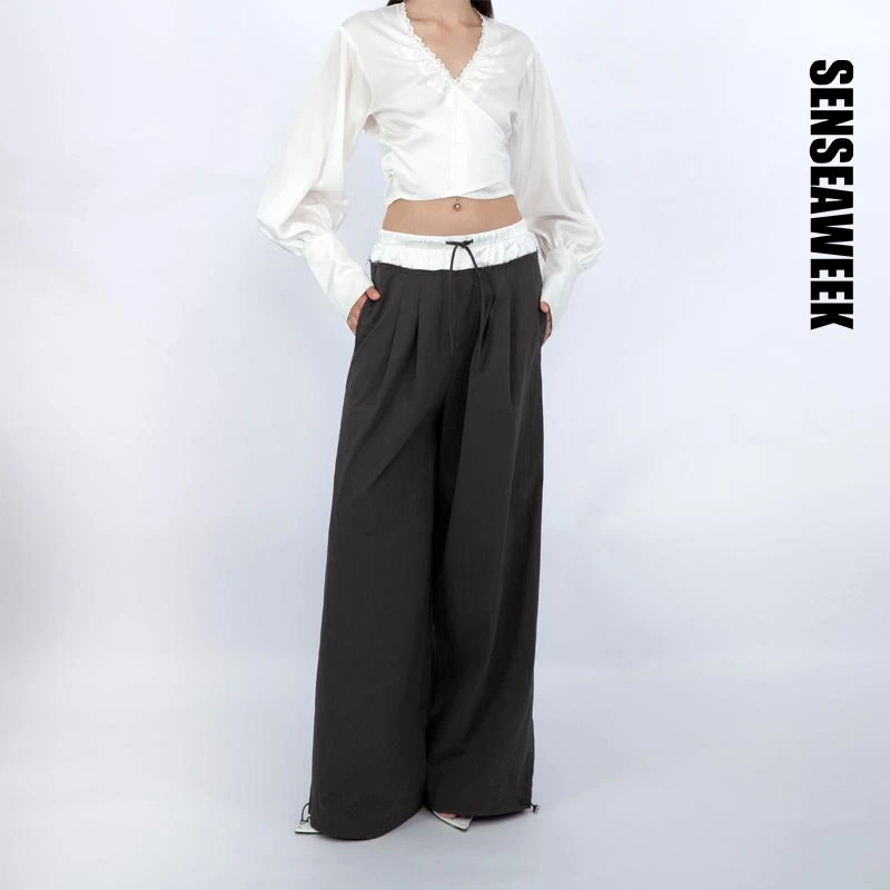 【张予曦同款】SENSEAWEEK24秋冬百搭长裤层次感醋酸拼接腰阔腿裤