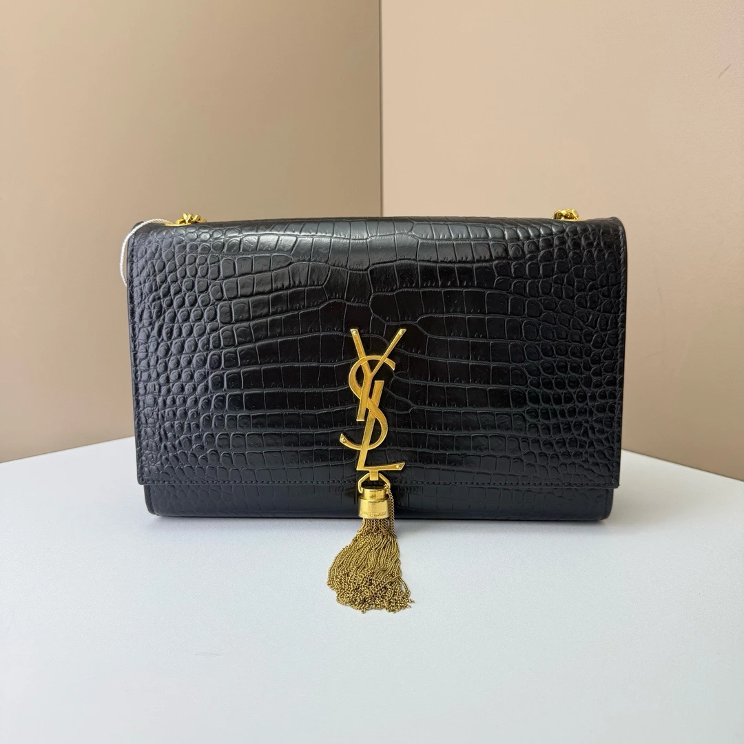 95新 YSL/圣罗兰 Kate鳄压黑金流苏包中号