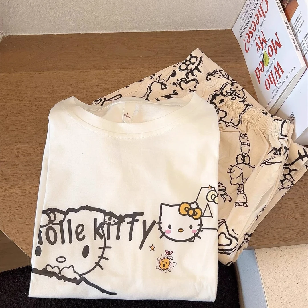 格子kt猫夏季短袖睡衣女宽松长裤卡通韩版甜美阔腿裤家居服可外穿