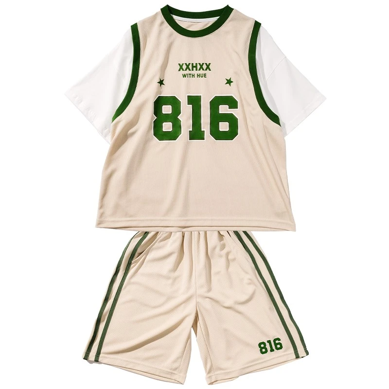 T471男童夏季运动套装儿童篮球衣假两件短袖短裤冰丝速干两件套薄