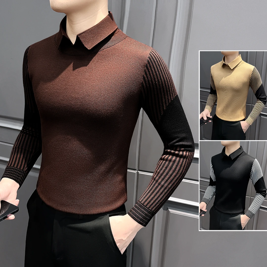 假两件毛衣男款条纹内搭针织衫2025高级感潮牌痞帅秋装男士打底衫
