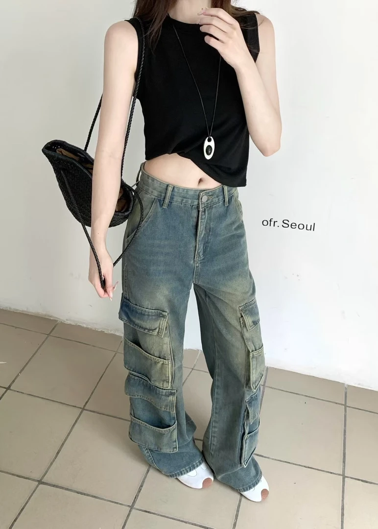 复古蓝高腰直筒阔腿美式个性休闲拖地工装牛仔裤