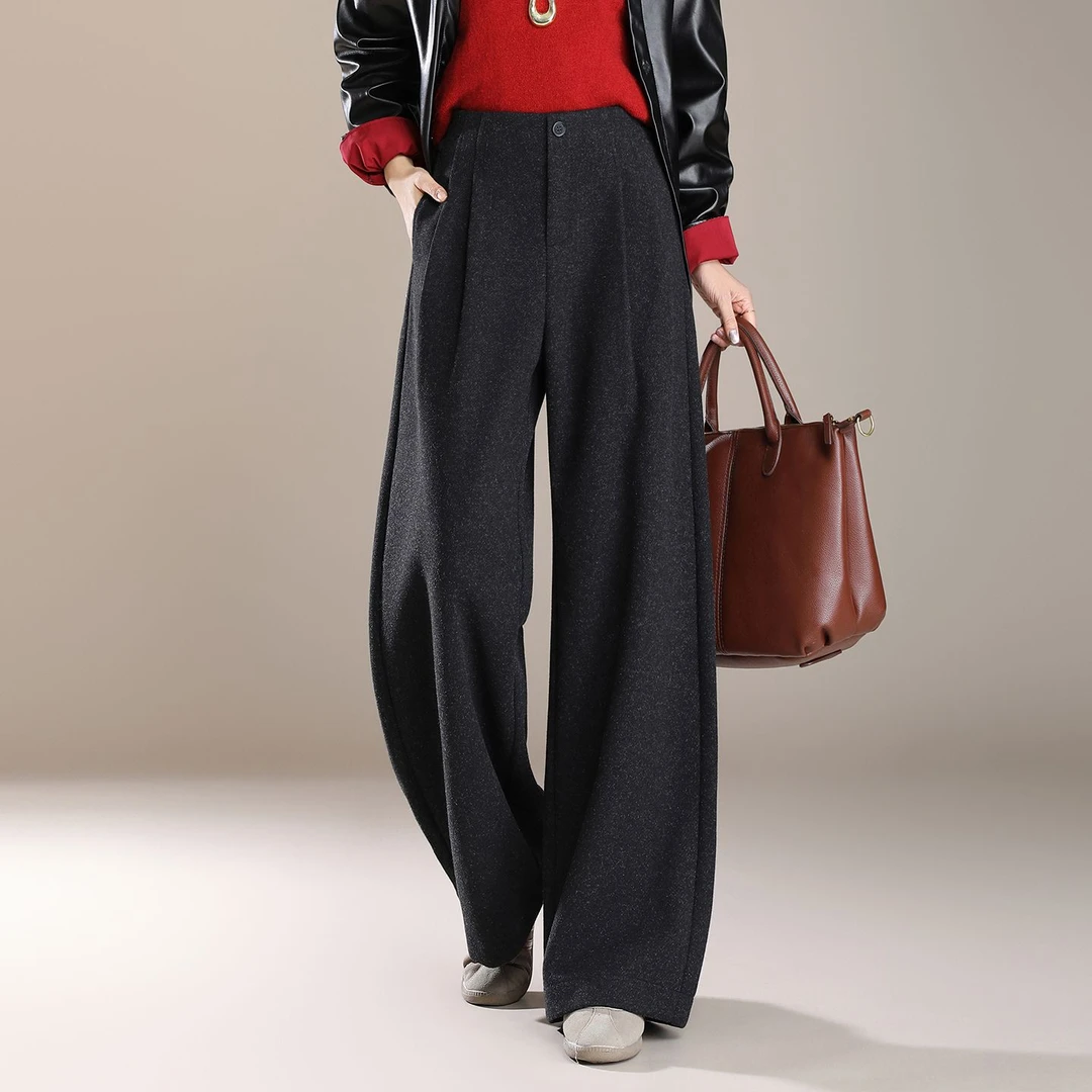 正品高端羊毛呢阔腿裤女秋冬2025新款加厚高腰显瘦垂感宽松直筒裤