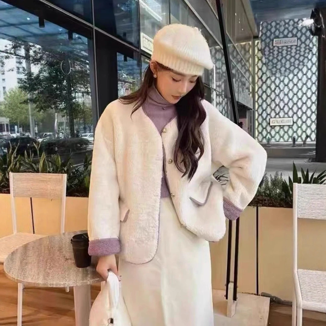 小香风短款撞色加厚百搭外套女秋冬季甜美减龄鹿皮绒毛绒绒上衣